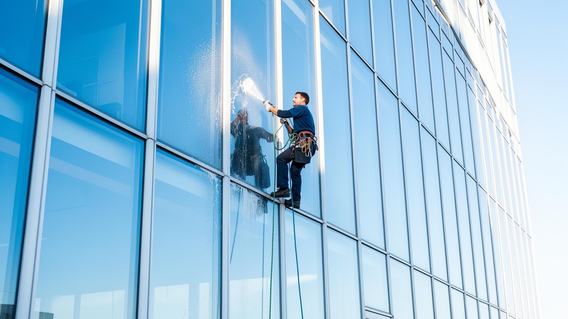 Professional window cleaner washing a bright glass building